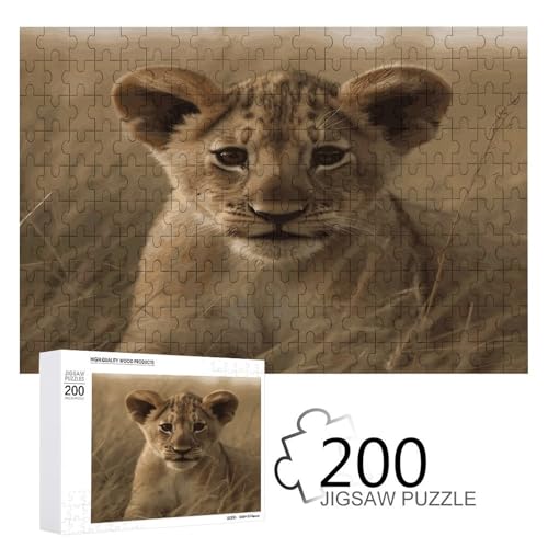 Puzzle-Spiel für Erwachsene, Das wartende Löwenjunges gedruckte Holzpuzzles, 200-teilige Puzzles sind für Puzzle-Enthusiasten geeignet und können zu Hause, im Büro oder an anderen Orten platziert von JKLPOMN