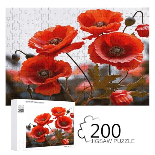 Puzzle-Spiel für Erwachsene, Mohnblumen, lebendige Blütenblätter, bedruckte Holzpuzzles, 200-teilige Puzzles sind geeignet für Puzzle-Enthusiasten und können zu Hause, im Büro oder an anderen Orten von JKLPOMN