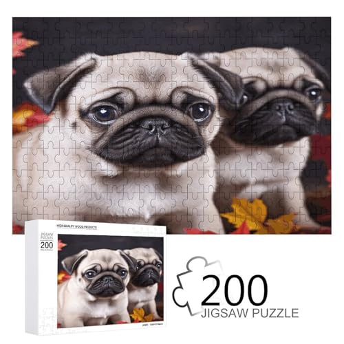 Puzzle-Spiel für Erwachsene, Welpen Mops bedruckte Holzpuzzles, 200 Teile Puzzles sind geeignet für Puzzle-Enthusiasten und können zu Hause, im Büro oder an anderen Orten platziert werden von JKLPOMN