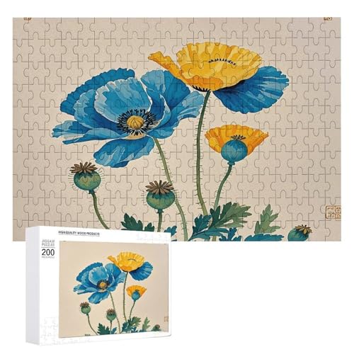 Puzzle-Spiel für Erwachsene, blaue und gelbe Mohnblumen-Aquarell-Pflanze, bedruckte Holzpuzzles, 200-teilige Puzzles sind geeignet für Puzzle-Enthusiasten und können zu Hause, im Büro oder an anderen von JKLPOMN