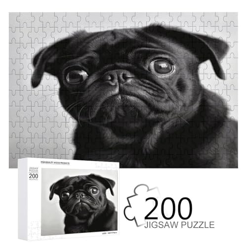 Puzzle-Spiel für Erwachsene, niedlicher schwarzer Mops-Hund, bedruckte Holzpuzzles, 200-teilige Puzzles sind geeignet für Puzzle-Enthusiasten und können zu Hause, im Büro oder an anderen Orten von JKLPOMN