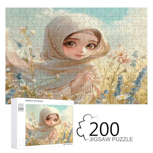 Puzzlespiel für Erwachsene, Cartoon-Muslimisches Mädchen, bedruckte Holzpuzzles, 200-teilige Puzzles sind geeignet für Puzzle-Enthusiasten und können zu Hause, im Büro oder an anderen Orten platziert von JKLPOMN