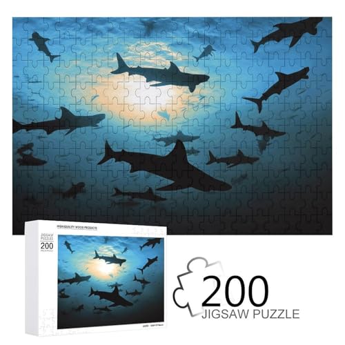 Puzzlespiel für Erwachsene, Hammerhead Sharks bedruckte Holzpuzzles, 200 Teile Puzzles sind geeignet für Puzzle-Enthusiasten und können zu Hause, im Büro oder an anderen Orten platziert werden von JKLPOMN