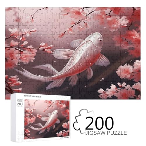 Puzzlespiel für Erwachsene, Kirschblüte Roter Karpfen Bedruckte Holzpuzzles, 200 Teile Puzzles sind für Puzzle-Enthusiasten geeignet und können zu Hause, im Büro oder an anderen Orten platziert werden von JKLPOMN