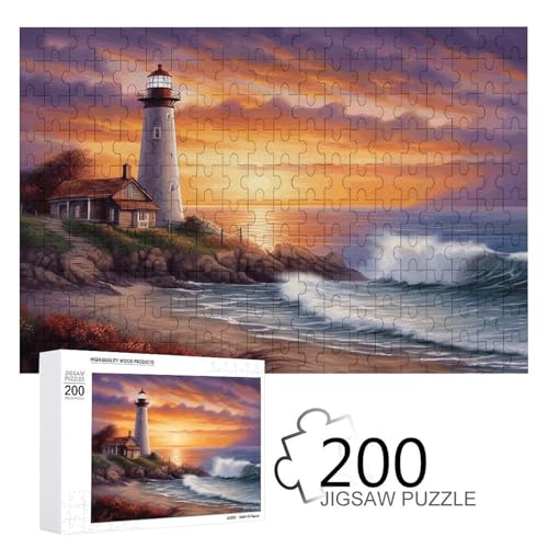 Puzzlespiel für Erwachsene, Leuchtturm bei Sonnenuntergang bedruckte Holzpuzzles, 200 Teile Puzzles sind geeignet für Puzzle-Enthusiasten und können zu Hause, im Büro oder an anderen Orten platziert von JKLPOMN