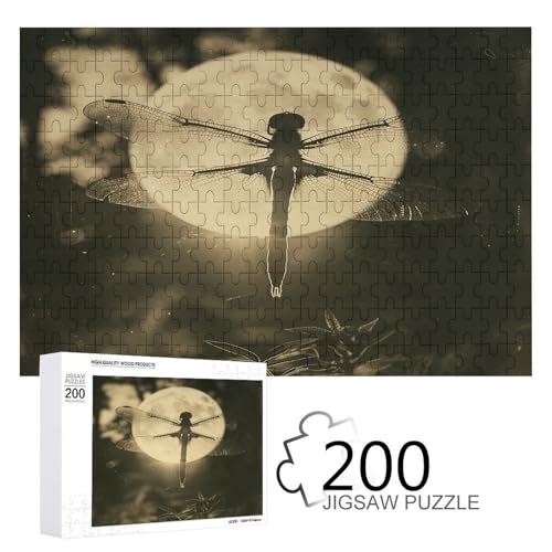 Puzzlespiel für Erwachsene, Libelle und Mond bedruckte Holzpuzzles, 200 Teile Puzzles sind geeignet für Puzzle-Enthusiasten und können zu Hause, im Büro oder an anderen Orten platziert werden von JKLPOMN