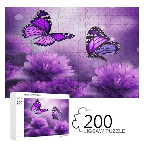 Puzzlespiel für Erwachsene, Lila Blume Schmetterlinge bedruckte Holzpuzzles, 200 Teile Puzzles sind geeignet für Puzzle-Enthusiasten und können zu Hause, im Büro oder an anderen Orten platziert werden von JKLPOMN