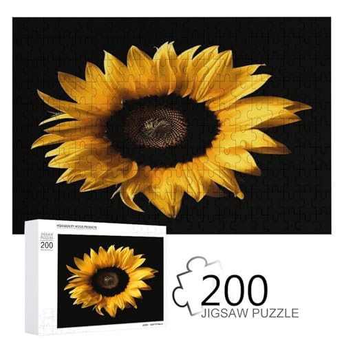 Puzzlespiel für Erwachsene, Sonnenblume auf schwarzem Hintergrund, bedruckte Holzpuzzles, 200-teilige Puzzles sind für Puzzle-Enthusiasten geeignet und können zu Hause, im Büro oder an anderen Orten von JKLPOMN