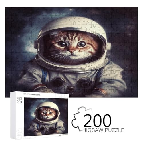 Puzzlespiel für Erwachsene, Tierkatze Astronaut bedruckte Holzpuzzles, 200 Teile Puzzles sind geeignet für Puzzle-Enthusiasten und können zu Hause, im Büro oder an anderen Orten platziert werden von JKLPOMN