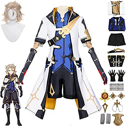 Genshin Impact Cosplay-Kostüm, Albedo Cosplay-Outfits, Anzug mit Perücke, Genshin-Albedo-Thema, Halloween, Karneval, Party, Jacke, Anzug, Kleidung für Maskerade, Blau, Größe L von JKNYMY