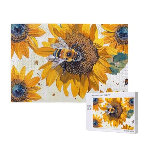 Bee On Sunflower Printed Woodblock Puzzle - 1000 Pieces (Boxed) Puzzle Education Game - Home Decoration Puzzle von JKSEEPYN