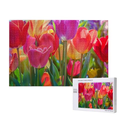 Bunte Tulpen 1 gedrucktes Holzblock-Puzzle – 1000 Teile (verpackt) Puzzle Lernspiel – Heimdekorationspuzzle von JKSEEPYN