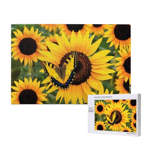 Butterfly Blooming Sunflower Plants Flowers Printed Woodblock Puzzle -1000 Pieces (Boxed) Puzzle Education Game - Home Decoration Puzzle von JKSEEPYN