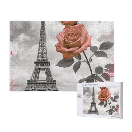 Eiffelturm Rose Blume gedruckt Holzblock Puzzle -1000 Teile (Boxed) Puzzle Lernspiel - Home Decoration Puzzle von JKSEEPYN