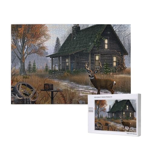 Ferienhaus Hirsch Jagd Gedruckt Holzblock Puzzle -1000 Teile (Boxed) Puzzle Bildung Spiel - Home Decoration Puzzle von JKSEEPYN