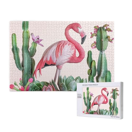 Flamingo Sukkulenten Pflanzen gedruckt Holzblock Puzzle - 1000 Teile (Box) Puzzle Lernspiel - Heimdekoration Puzzle von JKSEEPYN