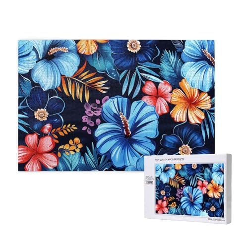 Floral Blue Printed Woodblock Puzzle -1000 Pieces (Boxed) Puzzle Education Game - Home Decoration Puzzle von JKSEEPYN