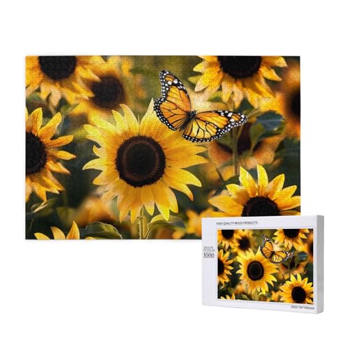 Sonnenblume Blühende Blumen Pflanzen Schmetterling Gedruckt Holzblock Puzzle -1000 Teile (Boxed) Puzzle Bildung Spiel - Home Decoration Puzzle von JKSEEPYN