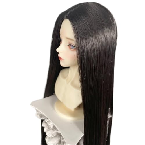 1/3 1/4 1/6 BJD Perücke, Mittelscheitel aus Hochtemperaturfaser, langes glattes Haar, vielseitiges Basis-Puppenhaar for das tägliche DIY-Styling(Black,1/3(22-23cm)) von JKUHA