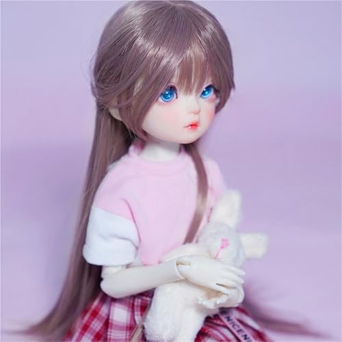 1/3 1/4 1/6 BJD Perücke, langes glattes Haar aus Hochtemperaturfaser mit Pony, grundlegendes, vielseitiges Puppenhaar for das tägliche DIY-Styling(Brown-pink,1/3(22-23cm)) von JKUHA