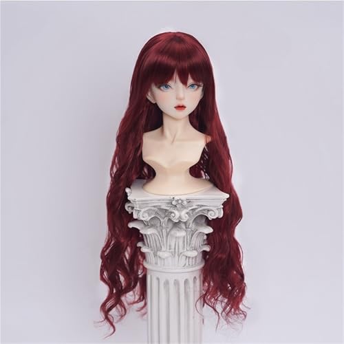 1/3 1/4 1/6 BJD Perücke, langes lockiges Haar aus weicher Faser mit Pony, tägliches, vielseitiges Puppenhaar for das tägliche DIY-Styling(Dark red,1/4(17.5-18.5cm)) von JKUHA