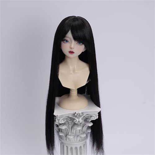 1/3 1/4 1/6 BJD-Perücke, mittellanges weiches Faserhaar mit Pony, vielseitiges Basis-Puppenhaar for das tägliche DIY-Styling(Black,1/3(21-22cm)) von JKUHA