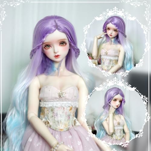 1/3 1/4 1/6 BJD Perücke, simulierte Kopfhaut, lila Farbverlauf, langes lockiges Haar, Puppenhaar im Feenstil for Lolita-Styling DIY(Purple-Blue,1/4(18-19.5cm)) von JKUHA