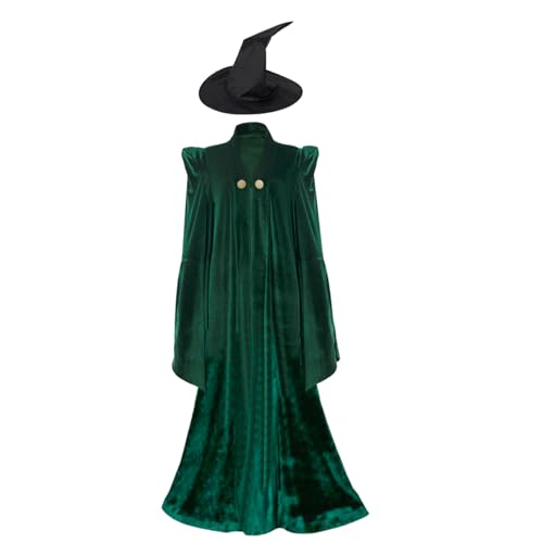 Damen Professor Mcgonagall Kostüm Hexe Halloween Cosplay Robe Zauberer Umhang Hexe Hut (Medium) von JKonHer