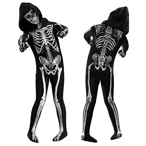 JLNYKADA Skelett Kostüm Herren Halloween Kostüme Cosplay Overall Bodysuit Männer mit Kapuze Skelett Maske(SCHWARZ,L) von JLNYKADA