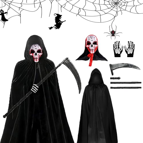 JLTXKST 4 Teiliges Set Halloween Kostüm Sensenmann,Sensenmann Kostüm, Halloween Kostüm Sensemann mit Schädelmaske, Sense, Skelett Handschuhe, für Halloween Dekoration,Cosplay,Karneval von JLTXKST