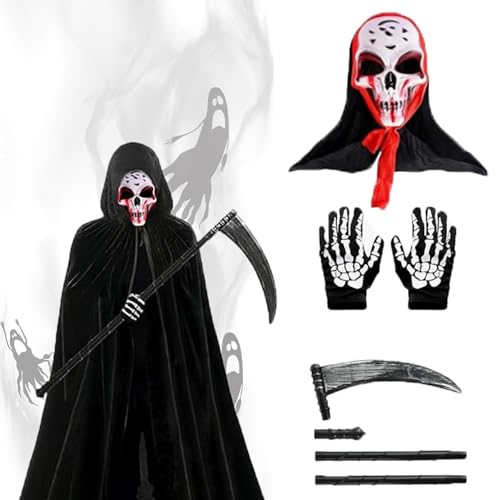 JLTXKST 4 Teiliges Set Halloween Kostüm Sensenmann,Sensenmann Kostüm, Halloween Kostüm Sensemann mit Schädelmaske, Sense, Skelett Handschuhe, für Halloween Dekoration,Cosplay,Karneval von JLTXKST