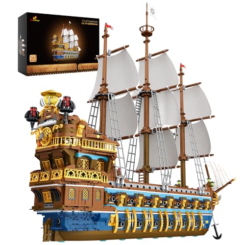 JMBricklayer 40103 Piratenschiff Klemmbausteine, Königliche Sonnenflotte Bausteine Bausatz, Segelschiff Modell Bausteine Sets,Schiffsmodell Sammlung für Erwachsene und Kinder von JMBricklayer