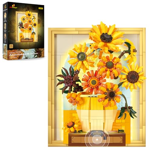 JMBricklayer Blumen Sonnenblumen Bausets für Erwachsene mit Lichtern 70004, Van Gogh Wandkunst Bastelideen, Gemälderahmen für Zimmer-Home-Dekoration, Valentinstags Geburtstagsgeschenke für Frauen 14+ von JMBricklayer