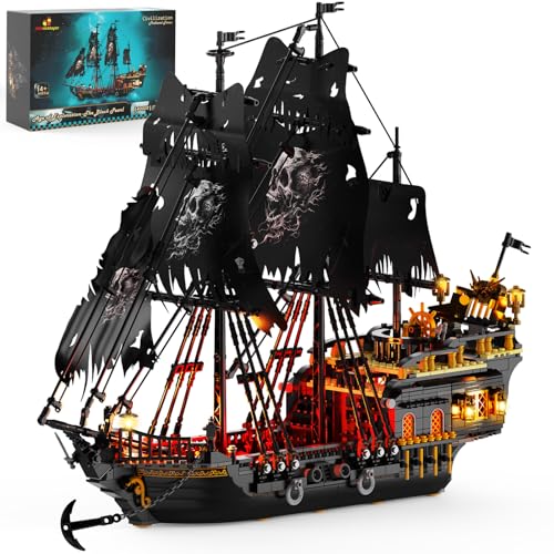 JMBricklayer Piratenschiff-Bauspielzeug mit Lichtern, Pearl Piratenschiff Modellboot Klemmbausteine 40002, Schwarzes Schiffsspielzeug-Bauset für Erwachsene Jungen und Mädchen ab 14 Jahren (1713 PCS) von JMBricklayer