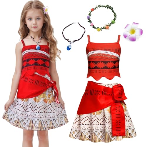 JMOCD Kinder Mädchen Kleid Kostüm Abenteuer Outfit Vaiana Cosplay Kleidung Mit Stirnband, Halskette und Ohrringen (140) von JMOCD