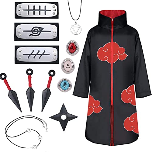 JMOCD Kostüm Akatsuki Itachi Hidan Kostüm Erwachsene Kinder Umhang Akatsuki Outfit Manga Cosplay Stirnband Ring Halskette Zubehör Karneval Herren Damen Mädchen Jungen Halloween (M) von JMOCD