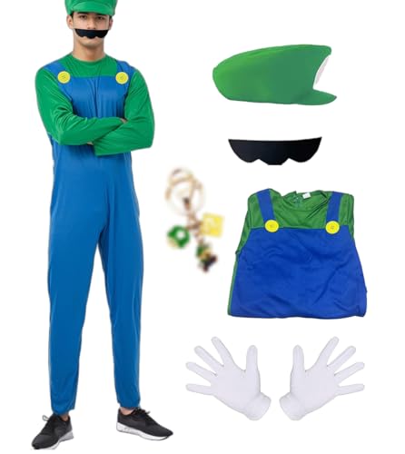 JMOCD Luigi Bros Kostüm,Super Brothers Klempner Cosplay für Fasching Karneval Eltern-Kind-Dressing(Grün - Erwachsene, L) von JMOCD