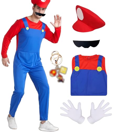 JMOCD Luigi Bros Kostüm,Super Brothers Klempner Cosplay für Fasching Karneval Eltern-Kind-Dressing (Rot - Erwachsener, L) von JMOCD