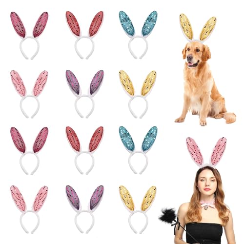 12 Stück Ostern Hasenohren Haarreif,Easter Bunny Ears,Ostern Stirnbänder, Glitzer Plüsch Kaninchen Ohren Stirnband, Kopfschmuck zu Ostern für Kinder Erwachsene Ostern Hochzeit Geburtstag Kostüm von JMOCD