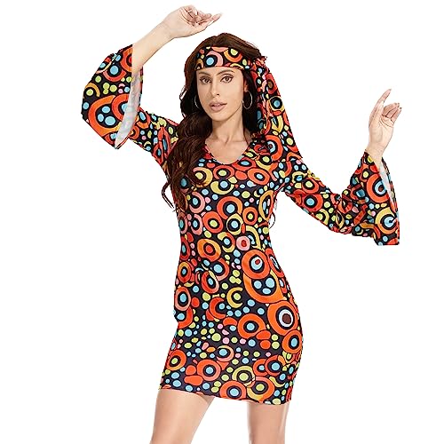 JNAOZI 70er Jahre Kostüm Dicso Kleid für Frauen - Hippie-Kleid mit Friedenszeichen-Halskette und Ohrringen - Disco Outfit Frauen für Halloween (2XL)… von JNAOZI