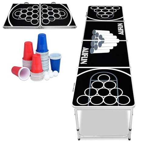 JNGLGO Trinkspiel Tisch aus Aluminium und MDF - Bierpong Tisch Set mit 50 Rot, 50 Blau Becher & 5 Bälle - Höhenverstellbar Beer Pong Partytisch 242 x 54 x 62 cm Schwarz von JNGLGO