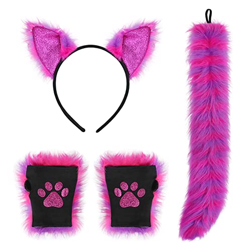 Fuchs-Ohr-Stirnband, Schwanz, Handschuhe, Set, Kunstfell, Fuchs-Haarband, Erwachsene, Damen, niedlich, pelziger Fuchsschwanz, Katze, Wolfspfote, Handschuhe, Kleid, Kostüm, langer Schwanz, Fuchskostüm, von JNGUOSICN