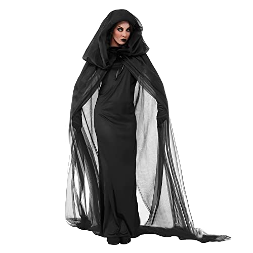 JNGUOSICN Halloween Geisterbraut Kostüm Zombies Braut Friedhof Kostüm Vampir Hexe Kostüm Outfit Erwachsene Verkleidung Schwarz Langer Umhang Horror Performing Kostüm von JNGUOSICN