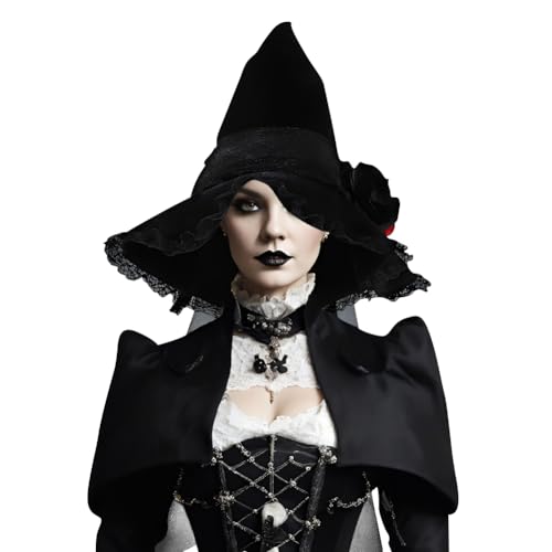 JNGUOSICN Halloween-Hexenhut mit Netz, Gothic-Spitze, Hexenkappe, schwarz, spitz, Zaubererhut, breite Krempe, Hexen- oder Zauberer-Outfit, Halloween-Verkleidungen für Mädchen, Halloween-Kostüm-Zubehör von JNGUOSICN