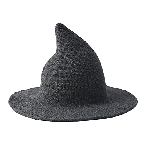 JNGUOSICN Hexenhut Wolle Strickmütze Zauberer Hut für Damen Herren Halloween Kostüm Verkleidung für Weihnachten Cosplay Party Outfits Schwarz Grau von JNGUOSICN