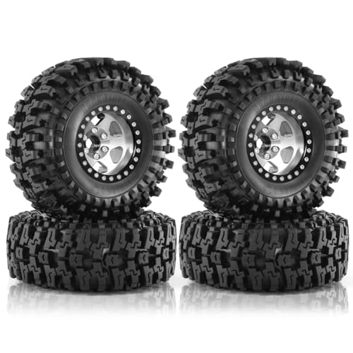 JNJOOD 4 Stück 98 mm 1,9 Metall Beadlock-Felgengummireifensatz für 1/10 RC Crawler Car TRX4 D90 D110 Axial SCX10, Silber von JNJOOD