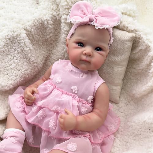 JNTFNE Niedliche Reborn Babypuppen Mädchen 45,7 cm Vinyl-Körper Realistische Neugeborene Babypuppen Handgemachte Vollvinylgewichtete lebensechte Reborn Babypuppen Augen offen mit rosa Kleid für von JNTFNE