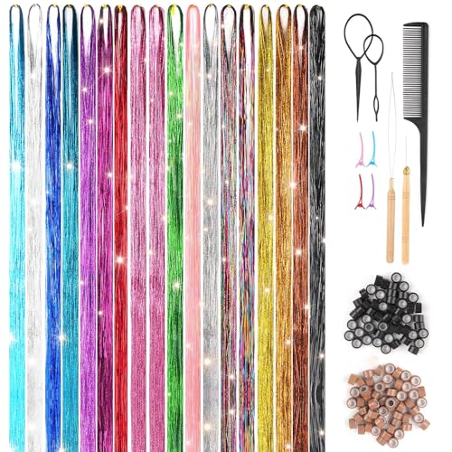 JOAASU 18 Farben Haar Lametta, Hair Tinsel Kit, 4800 Hair Tinsel, Glitzer Haarsträhnen, 48 Inches Haar Lametta mit Werkzeug, Haarverlängerung, Haarsträhnen Zum Einflechten, für Party Zubehör von JOAASU