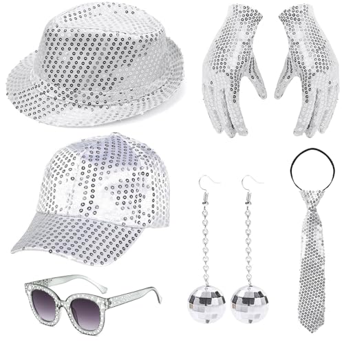 JOAASU Disco Accessoires, 6 Stück 70er Jahre Disco Zubehör, Glitzer Outfit Herren, Disco Outfit Damen, Pailletten Hut Sliver Set, mit Disco-Brille, Disco-Kugel-Ohrringe, Glitzer Krawatte und Fäustling von JOAASU