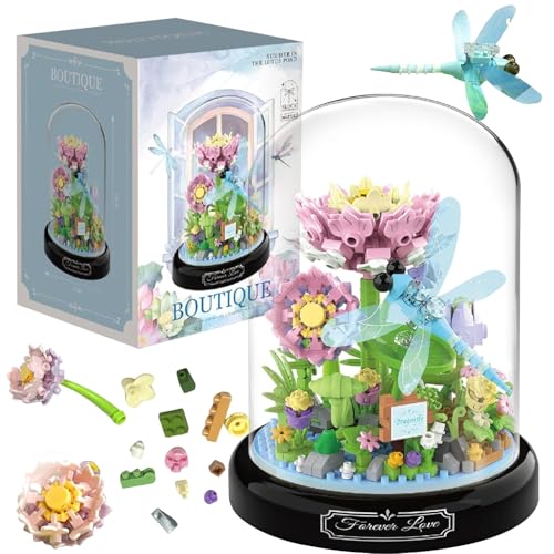 JOAASU Libelle Blumenstrauß Baustein Set, Blumen Bausteine Set, Blumen Insekten Bausteine, DIY-Insektenblumen, 568 Teile, mit Staubdichte Kuppel Und Sockel, Geschenke für Jungen und Mädchen von JOAASU